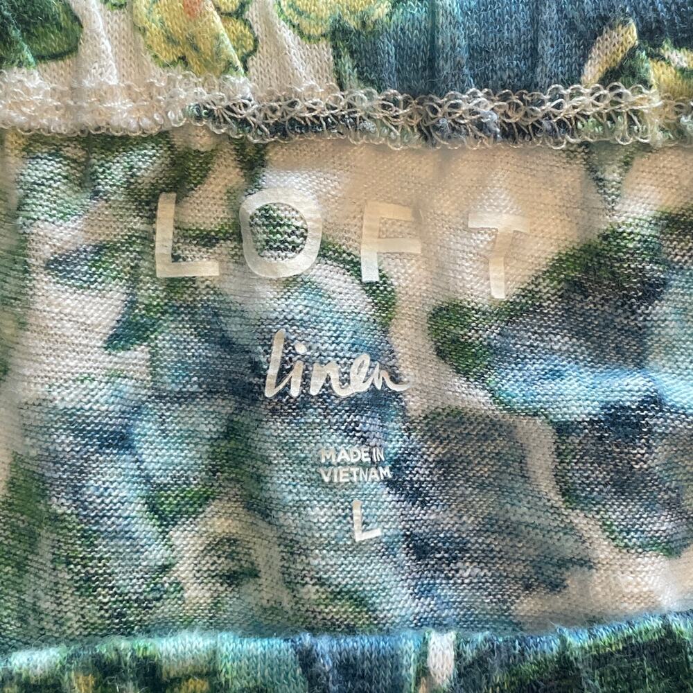 LOFT Floral Shirred Linen Top Womens Large Blue Green Bubble Hem Tee - Picture 6 of 9